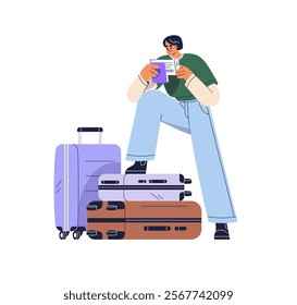 Tourist with baggage, checking documents, ticket, passport, boarding pass. Passenger standing with travel bag stack, suitcases, luggage. Flat vector illustration isolated on white background