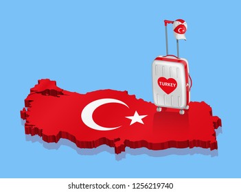 Tourist baggage and hat for a Turkish travel over a Turkey map. All the objects are in different layers and the text types do not need any font. 