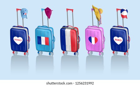 Tourist baggages and French hats for travel to France. All the objects are in different layers and the text types do not need any font. 