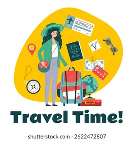 Tourist with bags and travel tools. Time to travel isolated concept. Flat graphic design cartoon illustration
