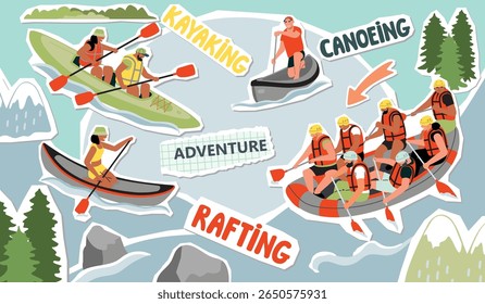 Tourist banner with watercraft and characters. Collage elements set in cartoon. Kayaking, rafting, canoeing, men and women moving through water using paddles, forest and mountains. Vector illustration