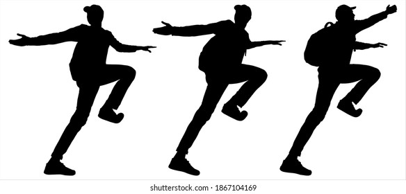 Tourist in a baseball cap with a backpack behind his back climbs up the slope. Boy reaches out his hand, asks for help. Man climber on the rise, rests with his leg. Hiking. Three male silhouettes.