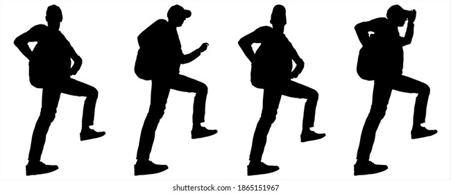 Tourist in a baseball cap and a backpack on back. Boy stands with leg raised and hands are on belt. Man looks through binoculars. Ornithologist. Four silhouettes are isolated on a white background.