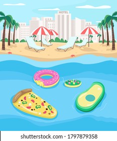 Tourist beach flat color vector illustration. Pizza, avocado pool floats. Summer vacation. Relaxation. Vacationer destination. Seaside resort 2D cartoon landscape with cityscape on background