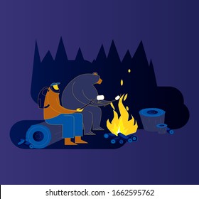 Tourist and bear grill marshmallow at campfire. Color cartoon flat vector illustration