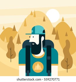 Tourist with big backpack for hiking. Vector flat illustration.