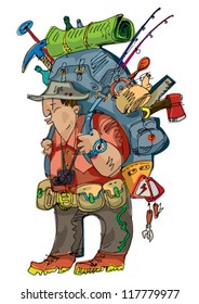 tourist with big and hevy backpack - cartoon - vector