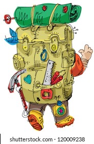 tourist with big and hevy backpack - cartoon - vector