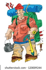 tourist with big and hevy backpack - cartoon - vector