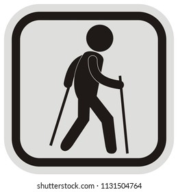 Tourist, black vector icon, silhouette of male at gray and black frame, web icon. Person with sticks.
