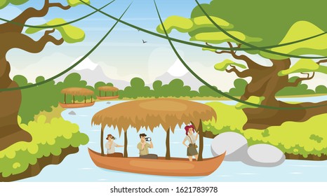 Tourist in boat flat vector illustration. Group on journey in ship. Sailing on river stream. Rainforest landscape. Mediterranean forest with watercourse. Female and male cartoon characters