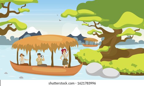 Tourist in boat flat vector illustration. Group on journey in ship. Sailing on river stream. Rainforest landscape. Mystical forest with watercourse. Female and male cartoon characters