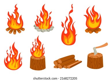 Tourist bonfire. Fire burning wooden logs. Firewood flames, bonfire flame vector