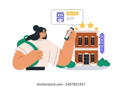 Reserva de turistas en línea hotel con aplicación, revisando internet en smartphone. Buscar y reservar alojamiento de viajes en teléfono móvil, concepto. Ilustración vectorial plana aislada en fondo blanco