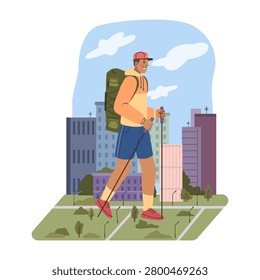 Tourist boy with backpack and special stick walking through city. Vector giant male character gently stepping between trees in town. Urban life and bustling metropolis, street journey of guy