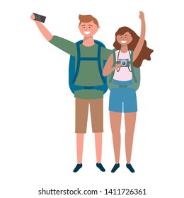 Tourist boy and girl with bag design