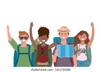 Tourist boys and girls with bag design