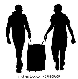 Tourist boys travelers carrying suitcase vector silhouette illustration isolated on white background. Tourists carry between themselves big bag . Man passenger waiting taxi for travel to airport.