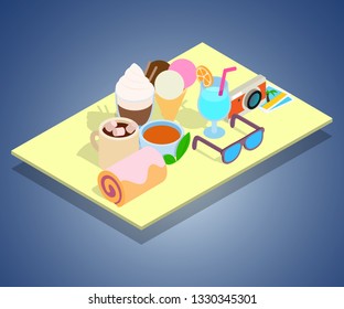 Tourist breakfast concept banner. Isometric banner of tourist breakfast vector concept for web, giftcard and postcard