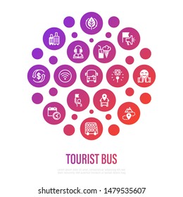 Tourist bus concept in circle shape. Thin line icons: free wi-fi, schedule, emergency exit, tourist route, departure point, socket, audio guide, luggage, refund, double decker. Vector illustration.