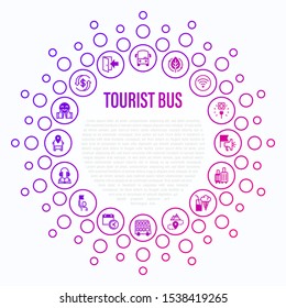 Tourist bus concept in circle shape. Thin line icons: free wi-fi, schedule, emergency exit, tourist route, departure point, socket, audio guide, luggage, refund, double decker. Vector illustration.