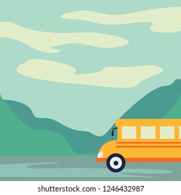 Tourist bus driving on the road vector illustration. Mountain landscape or background. Bus travel road. Bus highway