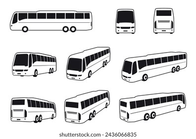 Icono del autobús turístico viaje del pasajero servicio de transporte público negro monocromo conjunto ilustración vectorial isométrica. Vista diagonal delantera trasera del vehículo turístico del recorrido del transporte automotriz