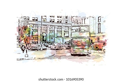 Tourist Bus, Philadelphia City in Pennsylvania, USA. Watercolor splash with hand drawn sketch illustration in vector.