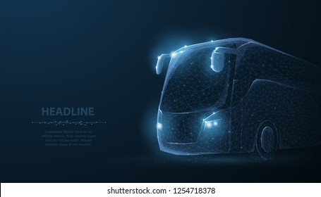 Tourist bus. Polygonal wireframe mesh on blue night sky with dots, stars and looks like constellation. Illustration on dark background. Travel, School bus, Business tour symbol