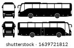 Tourist bus silhouette on white background. Vehicle icons set view from side, front, and back