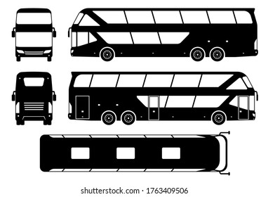 Tourist bus silhouette on white background. Vehicle icons set view from side, front, back, and top