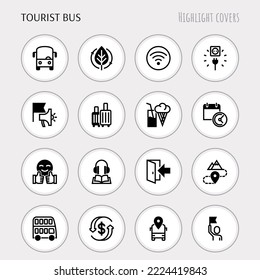 Tourist bus thin line icons set: free wi-fi, schedule, emergency exit, tourist route, departure point, socket, audio guide, luggage, refund. Highlights for stories. Vector illustration.