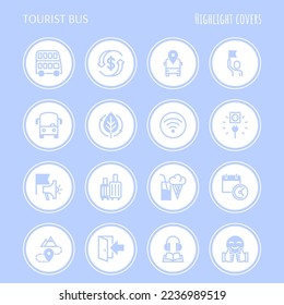 Iconos de línea delgada de bus turístico: wi-fi gratuito, horario, salida de emergencia, ruta turística, punto de salida, enchufe, guía de audio, equipaje, reembolso. Puntos destacados para las historias. Ilustración vectorial.