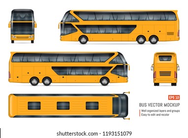 Tourist bus vector mockup on white background for vehicle branding, corporate identity. View from side, front, back, and top. All elements in the groups on separate layers for easy editing and recolor