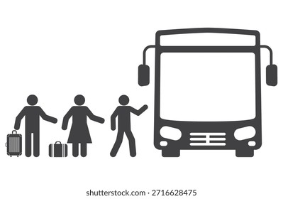Tourist bus wait passengers man and woman with lagguage bag icon