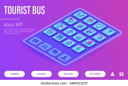 Tourist bus web page template. Buttons on tablet with thin line isometric icons. Free wi-fi, schedule, emergency exit, tourist route, departure point, socket, audio guide, luggage. Vector illustration