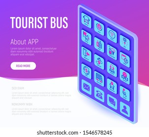 Tourist bus web page template. Buttons on tablet with thin line isometric icons. Free wi-fi, schedule, emergency exit, tourist route, luggage, refund, double decker. Vector illustration.