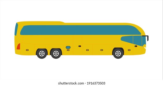 The tourist bus yellow color. Flat design. Side view. Stock vector illustration on white isolated background.