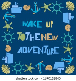 Tourist business banner or card. Vector illustration. Perfect poster concept with cruise ship,    steering wheel; sail; seashells; anchor.
