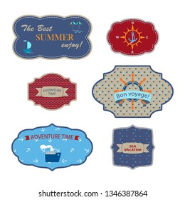 Tourist business tag set. Vector logo. Perfect concepts with cruise ship,boat;    Steering wheel; sail; beach;  anchor.