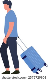 Tourist or businessman is pulling rolling suitcase at airport terminal, traveling for business or leisure, minimalist flat design vector illustration isolated on white background