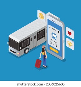 Tourist buying bus ticket online isometric 3d vector concept for banner, website, illustration, landing page, flyer, etc.