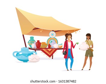Tourist buying handmade pottery flat color vector faceless character. Travelers at eastern market. Indian bazaar awning with crafted ceramics isolated cartoon illustration on white background