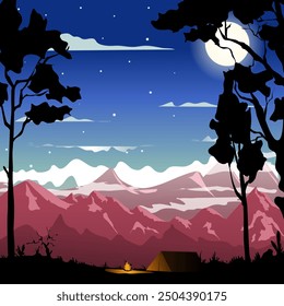 A tourist by the fire in the evening next to a tent. In the background there is a moon, mountains and a dark night sky with stars. Vector illustration night mountain landscape in a tourist camp