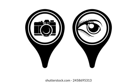Tourist Camera Attraction emblem, black isolated silhouette