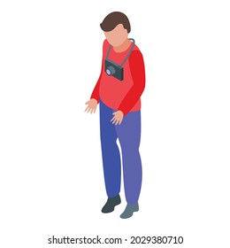 Tourist with camera icon isometric vector. People travel. Happy person