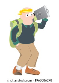 Tourist with a camera, man, isolated object, vector illustration, color picture on white background
