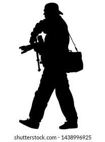 Tourist with a camera on white background