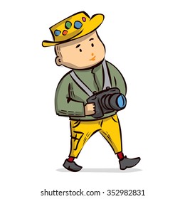 The tourist with the camera walks. Hand drawn cartoon vector illustration