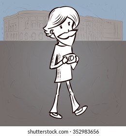 The tourist with the camera walks. Hand drawn cartoon vector illustration
